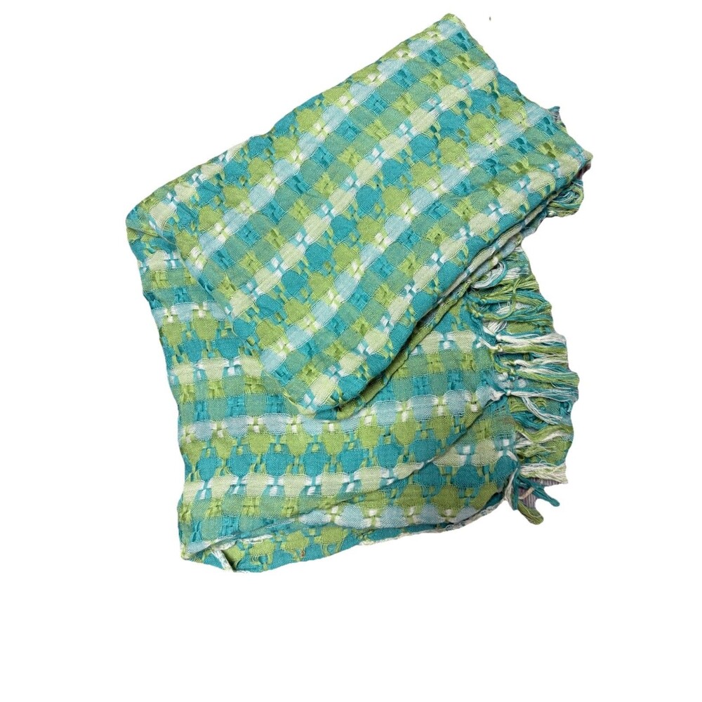 Scarf Shawl Teal Lime Green White Fringe Square 37”x37” Bohochic Business Casual